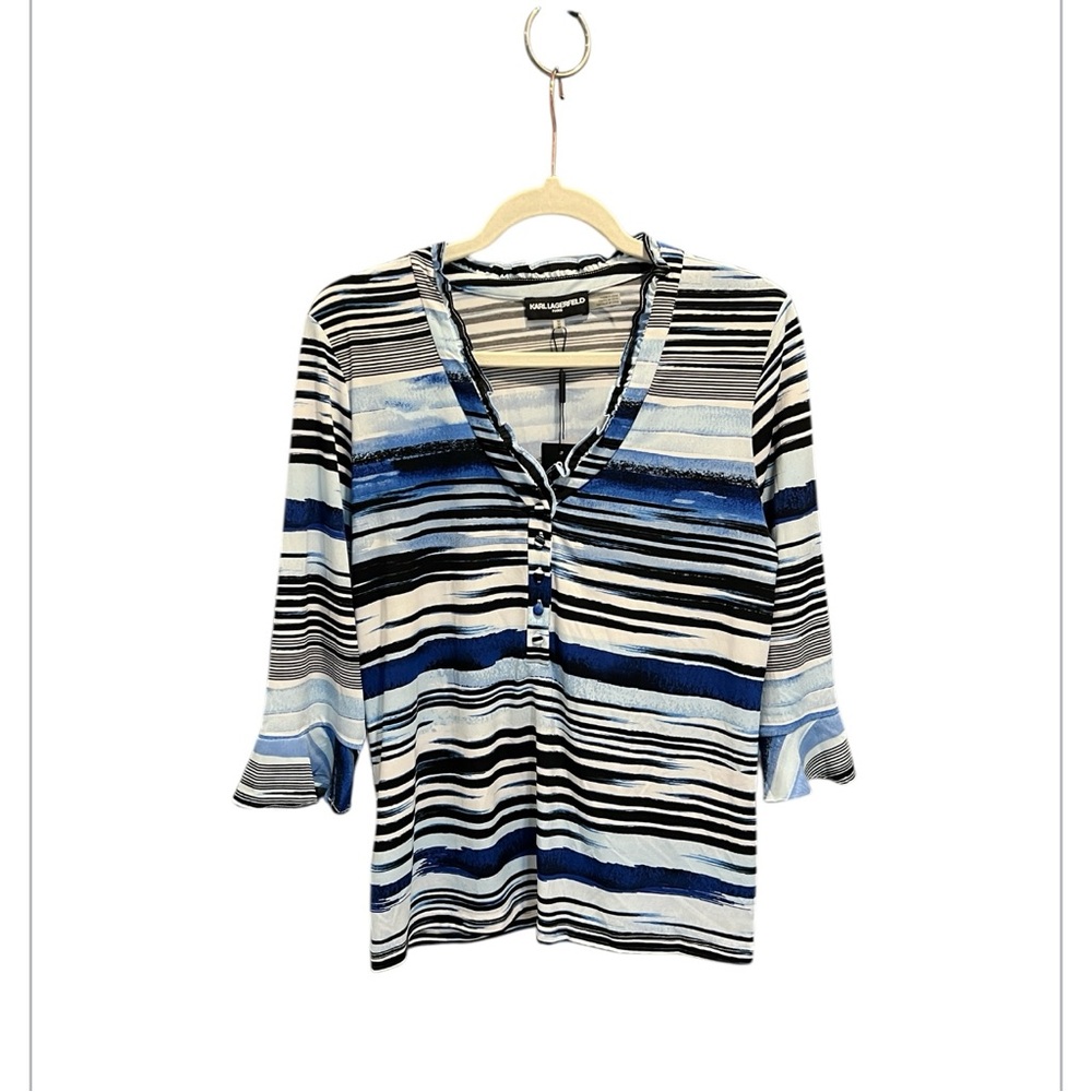 Karl Lagerfeld NWT lightweight, blue, black, and white striped top. Size medium.